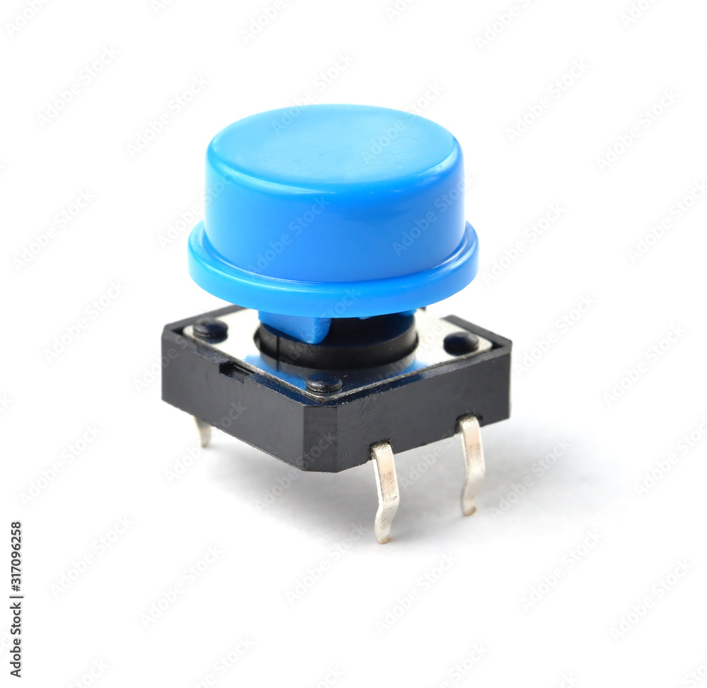 Poster small electronic tactile toggle push button switch with blue hat isolated on white background.