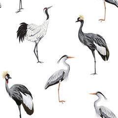Tropical vintage botanical crane,heron bird seamless pattern white background. Exotic animal wallpaper.