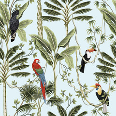 Fototapety  Tropikalne palmy vintage, liana, papuga Ara, ptak Tukan kwiatowy wzór niebieskie tło. Tapeta egzotyczna dżungla.