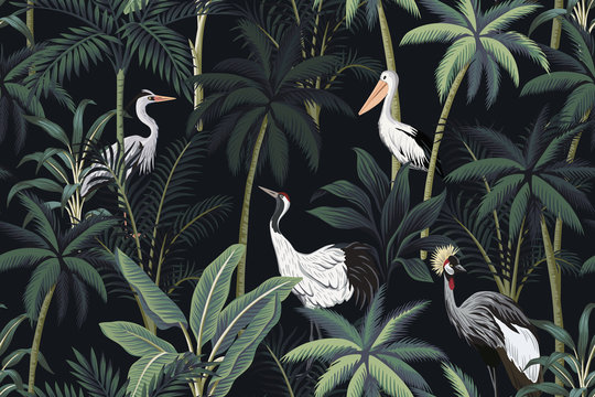 Tropical vintage night landscape, dark palm trees, plant, birds floral seamless pattern black background. Exotic jungle wallpaper.