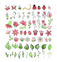 Vector set with flowers insects leaves and abstract patterns in children's cartoon style colorful hand drawing