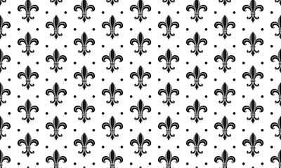 Seamless pattern with a gold royal lily called a fleur-de-lis on a white background. Vector heraldic ornament. Usable for design, packaging, wallpaper, textile, card, web