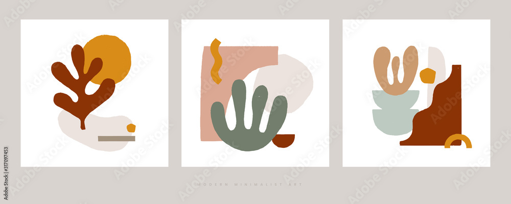 Poster Set of compositions with chaotic abstract shapes. Trendy graphic elements for the design of invitation, banner, postcard, flyer or poster. Minimalist forms in the style of modern art.