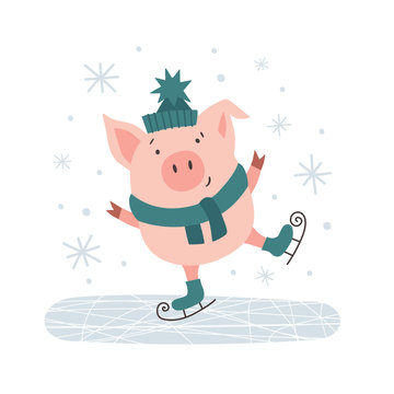 Cute pig in hat skating flat illustration. Funny picture design with charming pet. Winter wonderland and happy holidays. Template for poster, banner, invitation, greeting card on isolated background.