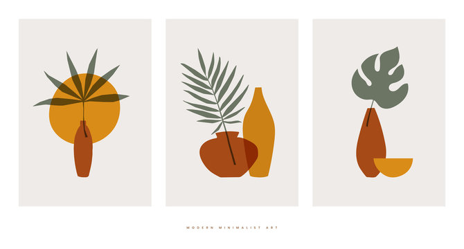 Collection of abstract botanical compositions vector flat illustration. Trendy collage with elements of exotic palm leaves for eco-design on isolated background. Modern minimalist art.