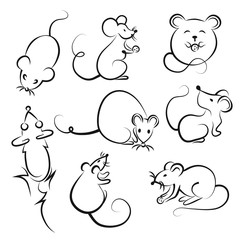8 mouses and rats in lineart set. Can be used as icon and logo - symbol of 2020
