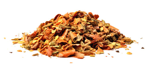 Dried crushed chili spices isolated on white background. Close-up.