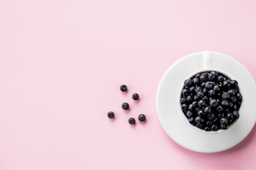 Fresh organic blueberries in ceramic cup . Copy space, isolated on pink background.Fresh raw organic farm blueberry in white cup.harvest. Healthy food. vegetarian food.
