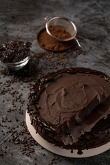 Raw chocolate cheesecake on dark grey background. Healthy organic dessert pie. Cacao and chocolate around