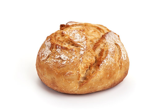 Freshly baked round bread loaf, isolated on white background