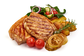 Grilled juicy pork steak, fried meat, isolated on white background