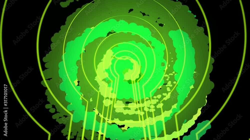 Poster abstract key hole and moving rings with rotating spiral in the center of the screen, seamless loop. 