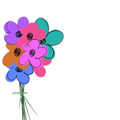 Illustration of a bouquet of flowers on a white background. Place for your text. Multicolored spring flowers