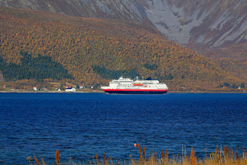 Coastal passenger ship through Risøysundet, Northern Norway