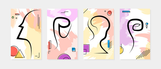 Vector Colored Four Abstract People Banners with People Faces