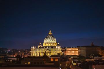 St Peters Basilica at night panorama from above. Rome, Italy.