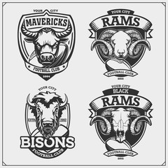Set of soccer and football emblems, badges, logos and labels with bull, bison and ram. Print design for t-shirts.