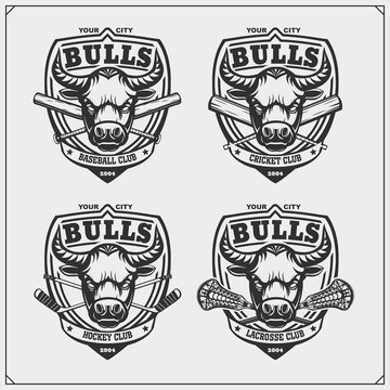 Cricket, baseball, lacrosse and hockey labels. Sport club emblems with bull. Print design for t-shirt.