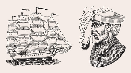 Nautical sailing ship in the sea. Captain or sailor with pipe. Seaman with beard. Seagoing vessel, marine Sailboat, nautical caravel. Water transport in the ocean. Engraved hand drawn in vintage style