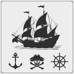 Ship emblem. Yacht club, sea adventures and marine cruise. Vector illustration.