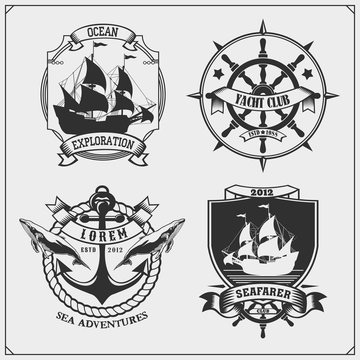 Ship emblems. Yacht club, sea adventures and marine cruise. Vector illustration.