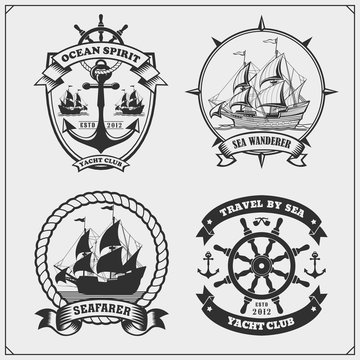 Ship emblems. Yacht club, sea adventures and marine cruise. Vector illustration.