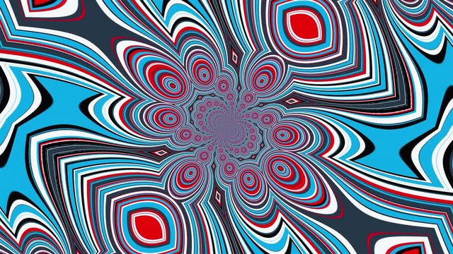 Swirling mandala with a colored striped elements forming the petals and circles. 3D rendering of a computer generated hypnotic background
