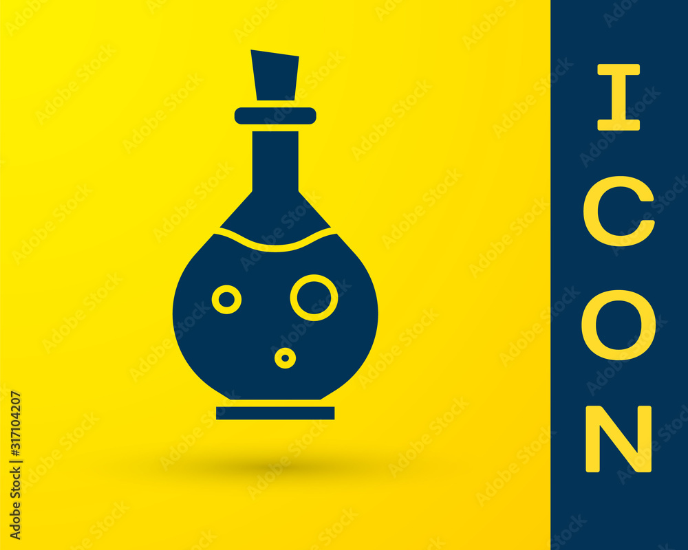 Poster blue glass bottle with magic elixir icon isolated on yellow background. computer game asset. vector 