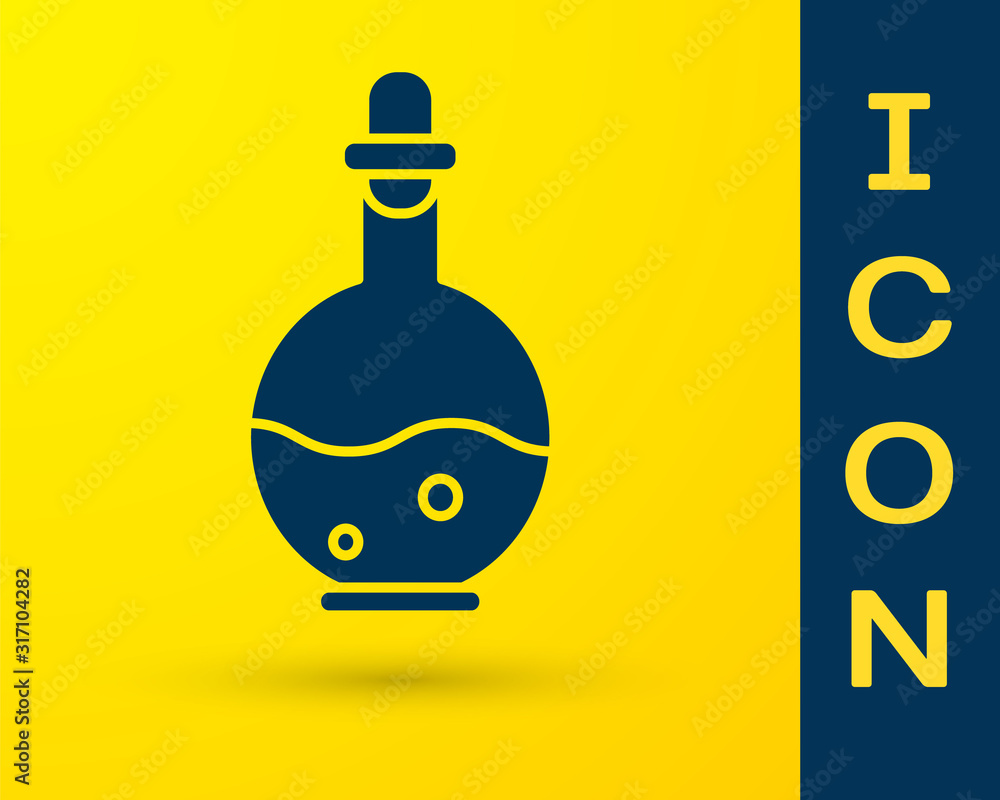Poster blue glass bottle with magic elixir icon isolated on yellow background. computer game asset. vector 
