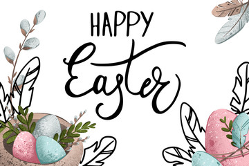 Digital illustration of a cute colored eggs and ink with the inscription happy easter handwritten. Print for cards, banners, invitations, fabrics, wrapping paper, web design.