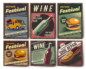 Set of retro posters in vintage style. With the image of different objects and on different topics. Old style poster, element for design.