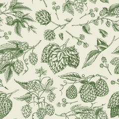 Hops and Barley Seamless pattern. Malt Beer. Engraved vintage Hand drawn collection. Sketch for web or pub menu, poster or banner. Design elements isolated on white background.