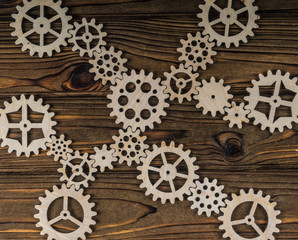 The interaction mechanism, gears assembled into a puzzle. Business concept idea, innovation, cooperation, teamwork, partnership.