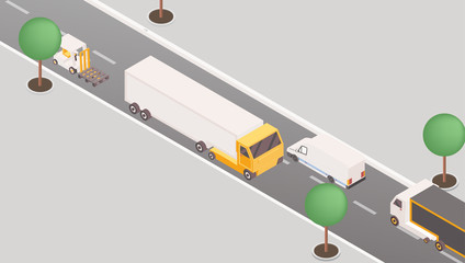 Trucks and vans on highway isometric illustration. 3d cargo vehicles, transportation means, road traffic concept. Postal service delivery, logistic company international parcels shipment