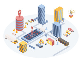 Urban goods delivery vector isometric illustration. Cartoon warehouse with cardboard boxes and van in residential area. Mobile app for parcel tracking with geo tag on addressee location