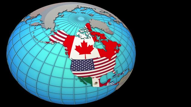 Zooming to North America with national flags on simple political globe. 3D illustration.