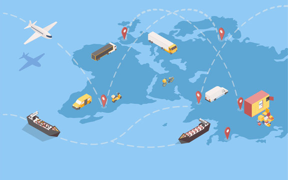 Worldwide goods shipment isometric illustration. Global delivery service with international trade routes and various transport means. Logistic company transatlantic freight shipping