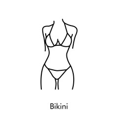 Icono plano lineal bikini en cuerpo de mujer en color negro