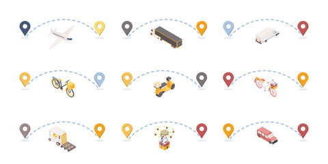 Parcels delivery routes isometric illustrations set. Shipment destination marked with geotags. Logistic company transportation vehicles icons collection, post office delivery service concept