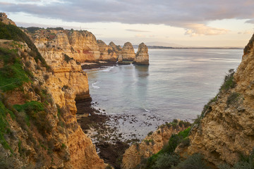 Ponta da Piedade in Lagos at sunrise, in Portugal