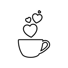 Icono plano lineal taza de café y corazones como humo en color negro