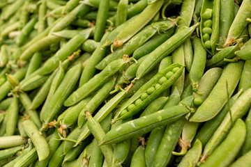 Close-up on a stack of organic green peas in their pods in a market stall.