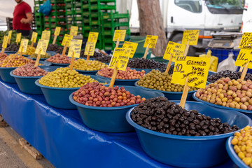 Olives on market stand. Turkey