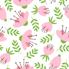 Vector cute seamless pattern with pink spring flowers and green leaves on white background. Floral endless backdrop, trendy hand drawn spring flowers for textile, print, cover, clothes design, Easter.
