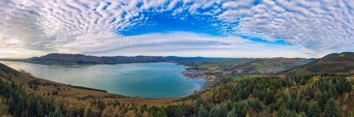aerial panoramic view of  rostrevor mountain and calingford lough ,newry,Northern Ireland