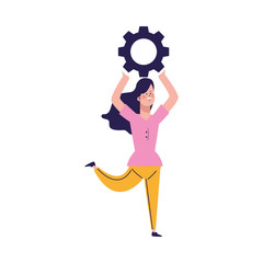 cartoon girl holding up gear wheel, colorful design