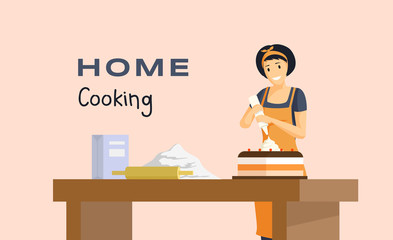 Fototapeta premium Home cooking flat banner vector template. Professional baking courses, pastry shop, bakery advertising poster design. Young baker, housewife making delicious cake illustration with typography