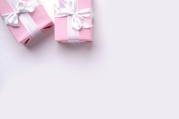 Valentines, Mother's day, birthday concept. Greeting card template. Composition of gift boxes with copy space. Flat lay, top view