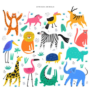 African animals and plants flat illustrations set