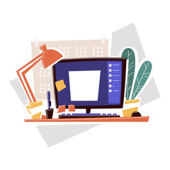 Workplace with computer of creative graphic designer. Table with pen, computer, plant, lamp, calendar, stickers. Flat modern vector illustration